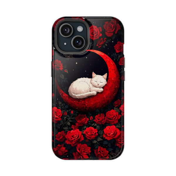 Beyaz Kedi Kırmızı Ay Güller Telefon Kılıfı K243