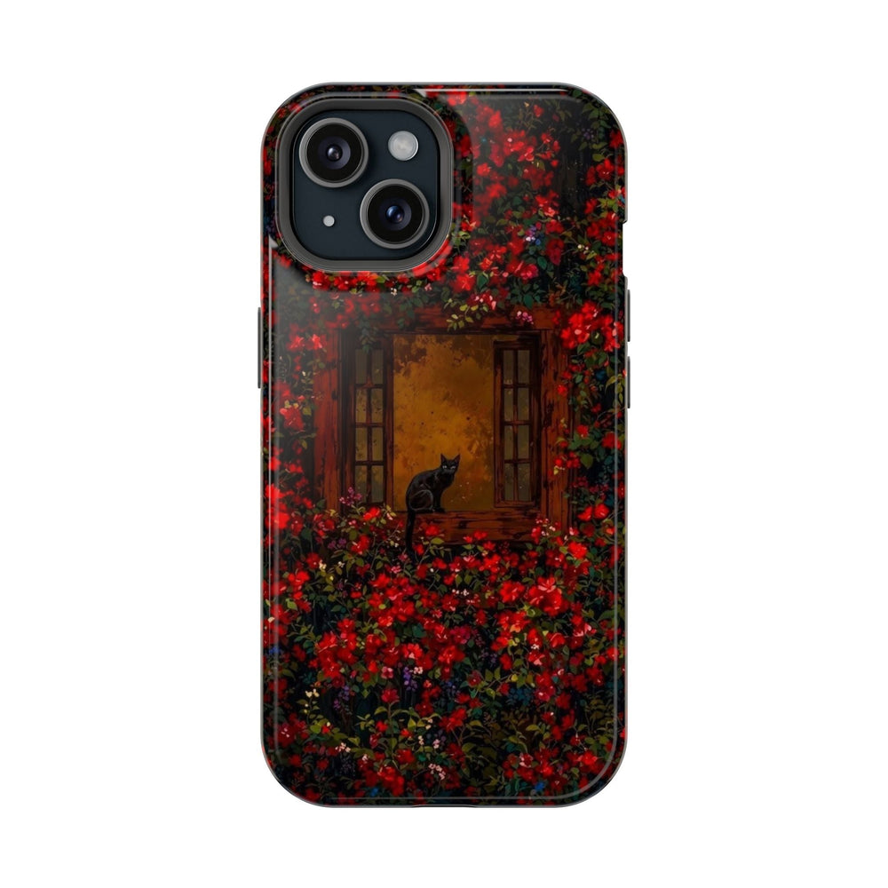 Siyah Kedi ve Kırmızı Çiçekler Telefon Kılıfı K299