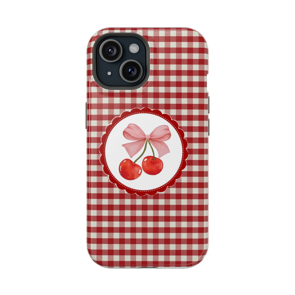Kırmızı Beyaz Ekose Kirazlı Fiyonk Desenli Telefon Kılıfı K113