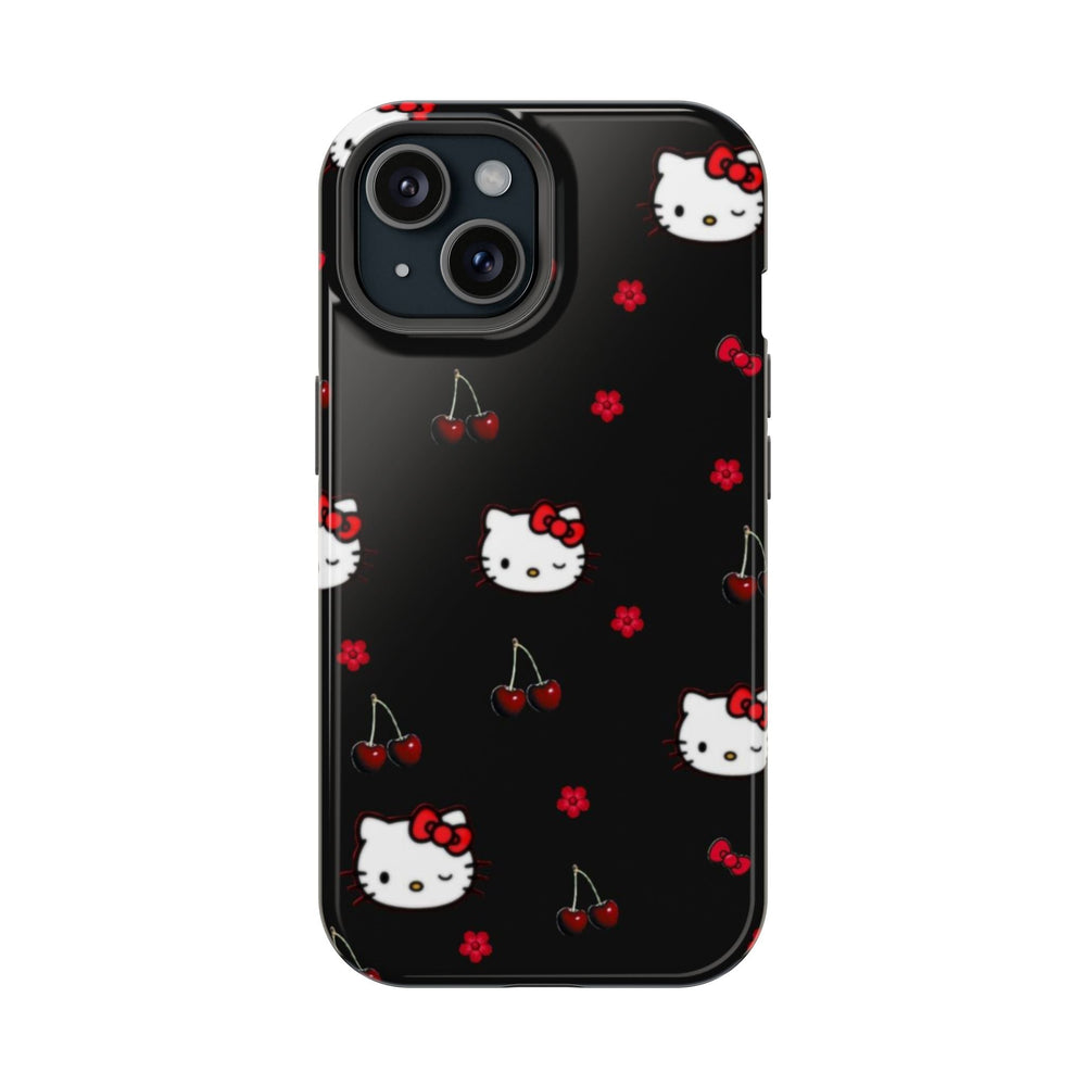 Siyah Hello Kitty Kiraz Çiçek Desenli Telefon Kılıfı K049