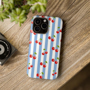 Mavi Beyaz Çizgili Kiraz Desenli Telefon Kılıfı K022