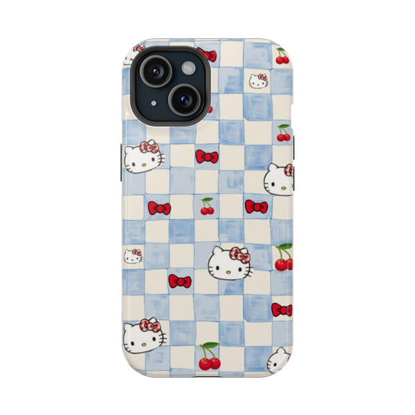 Mavi Kareli Hello Kitty Kiraz Desen Telefon Kılıfı K069