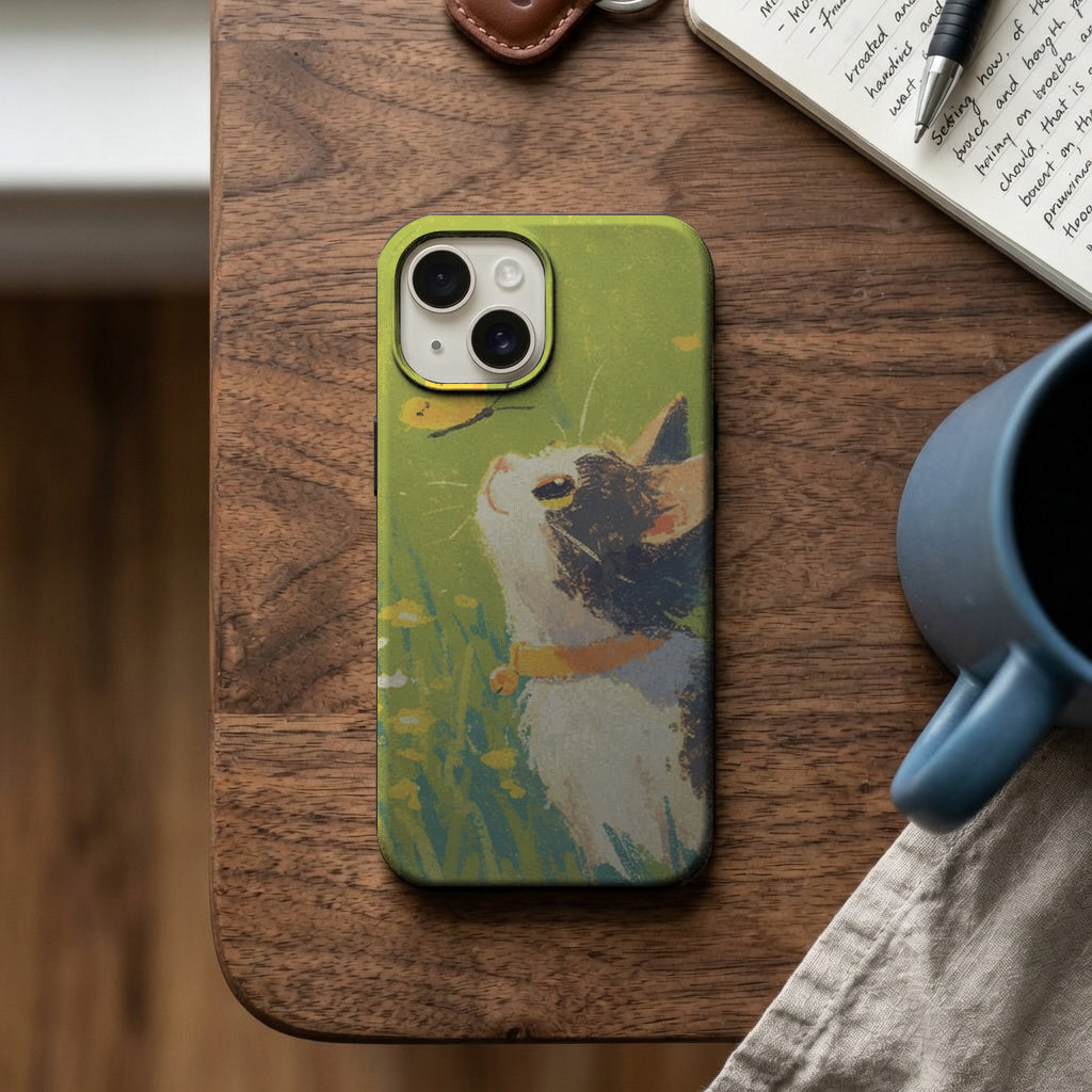 Çimlerde Kelebeğe Bakan Sevimli Kedi Telefon Kılıfı K1140 mockup 2