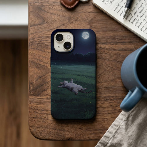 Gece Dolunayda Çimlerde Yatan Kedi Telefon Kılıfı K1133 mockup 2