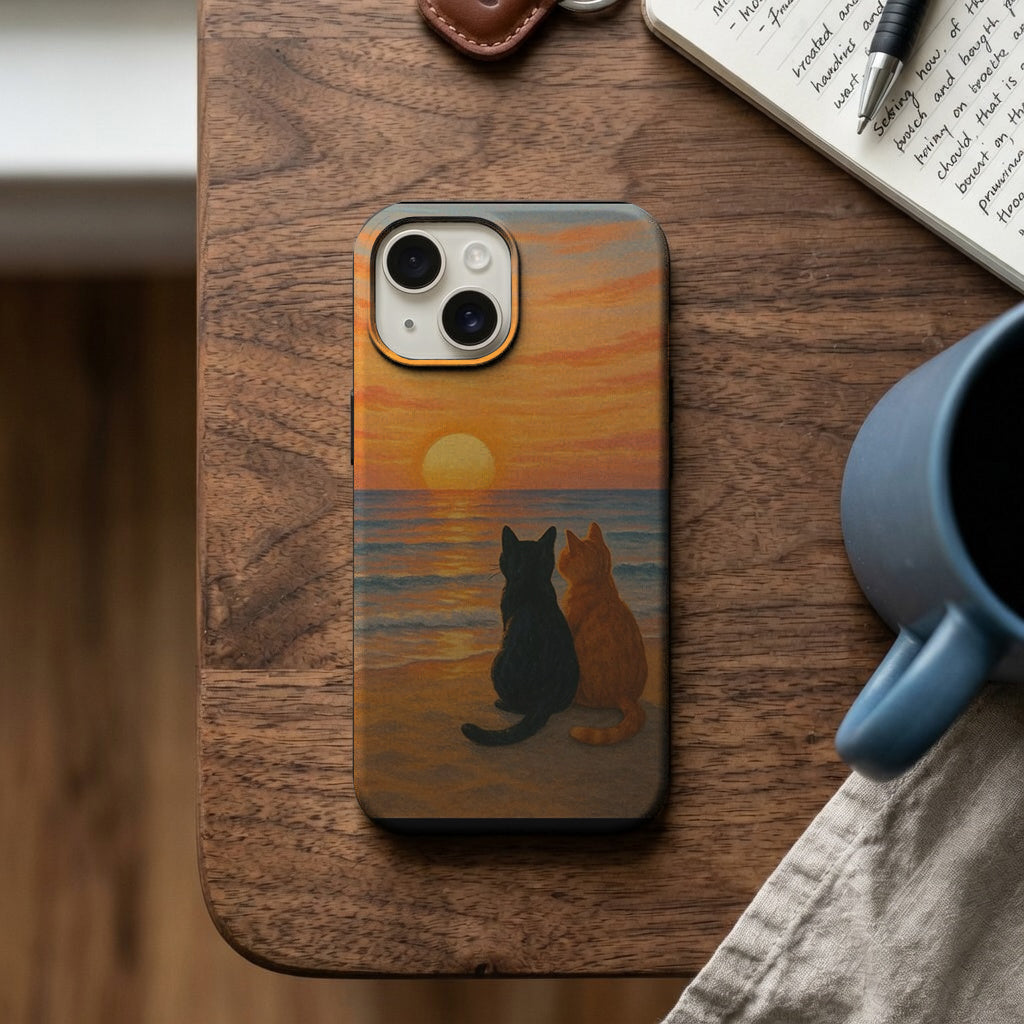 Gün Batımı Deniz Kenarı ve Kediler Telefon Kılıfı K1162 mockup 2