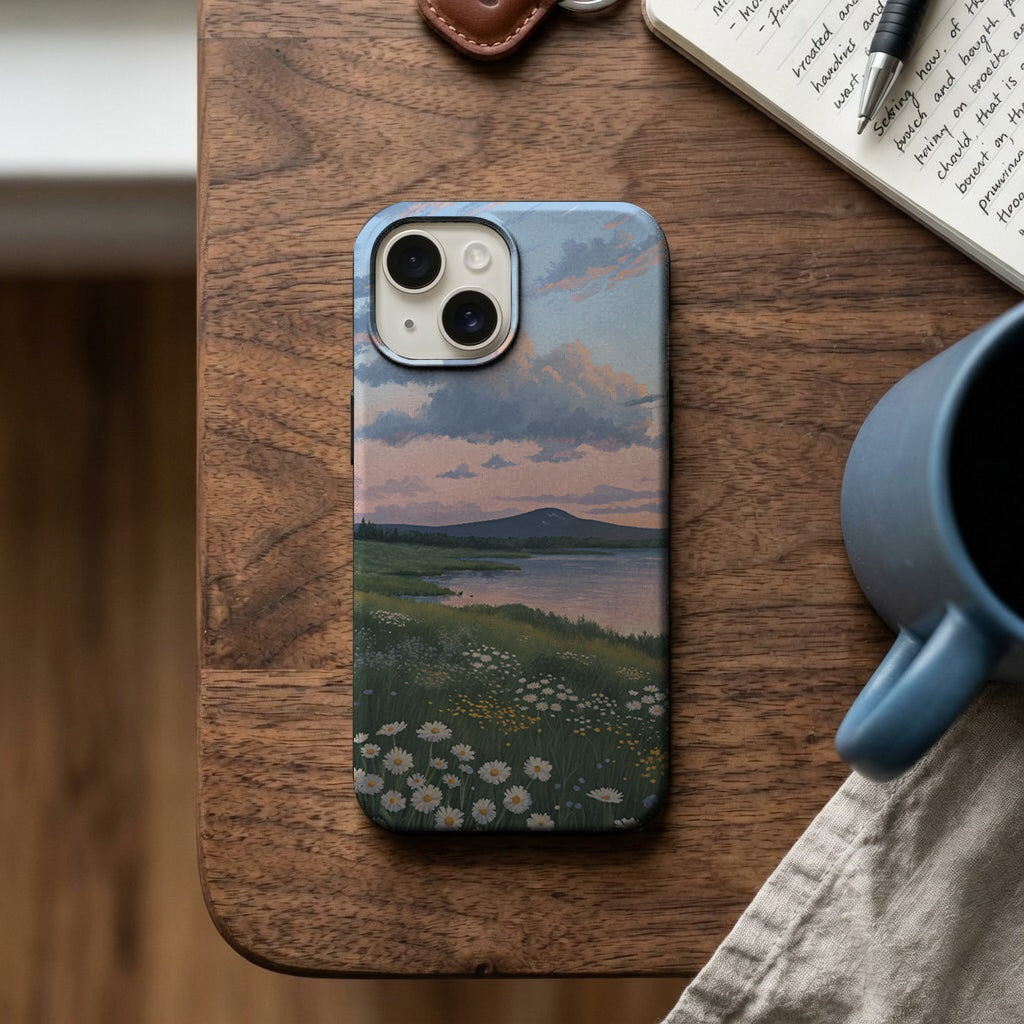 Gün Batımı Göl Kenarı ve Papatya Tarlası Telefon Kılıfı K1154 mockup 2
