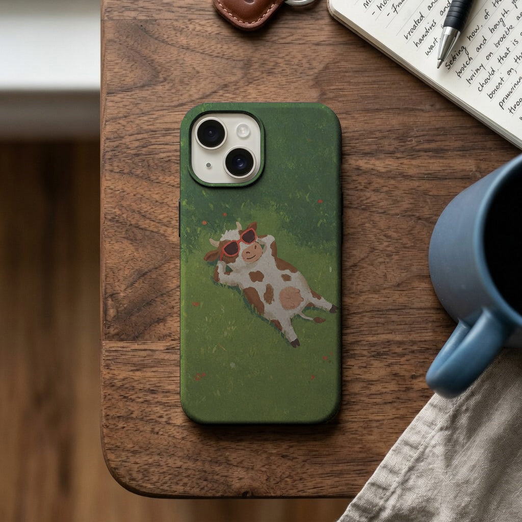 Güneş Gözlüklü Çimlerde Yatan İnek Telefon Kılıfı K1166 mockup 2