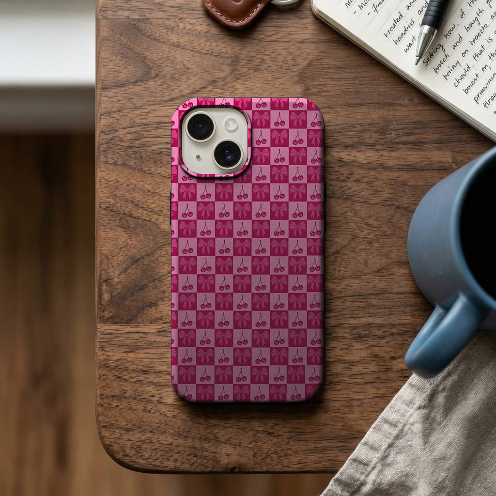 Pembe Kiraz ve Fiyonk Desenli Telefon Kılıfı K060