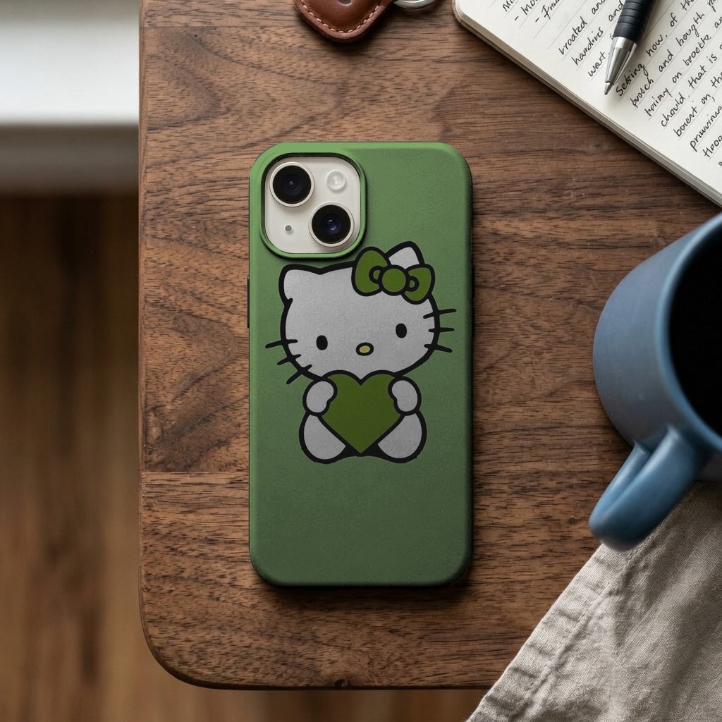 Yeşil Kalpli Kedi Figürlü Telefon Kılıfı K1005 mockup 2