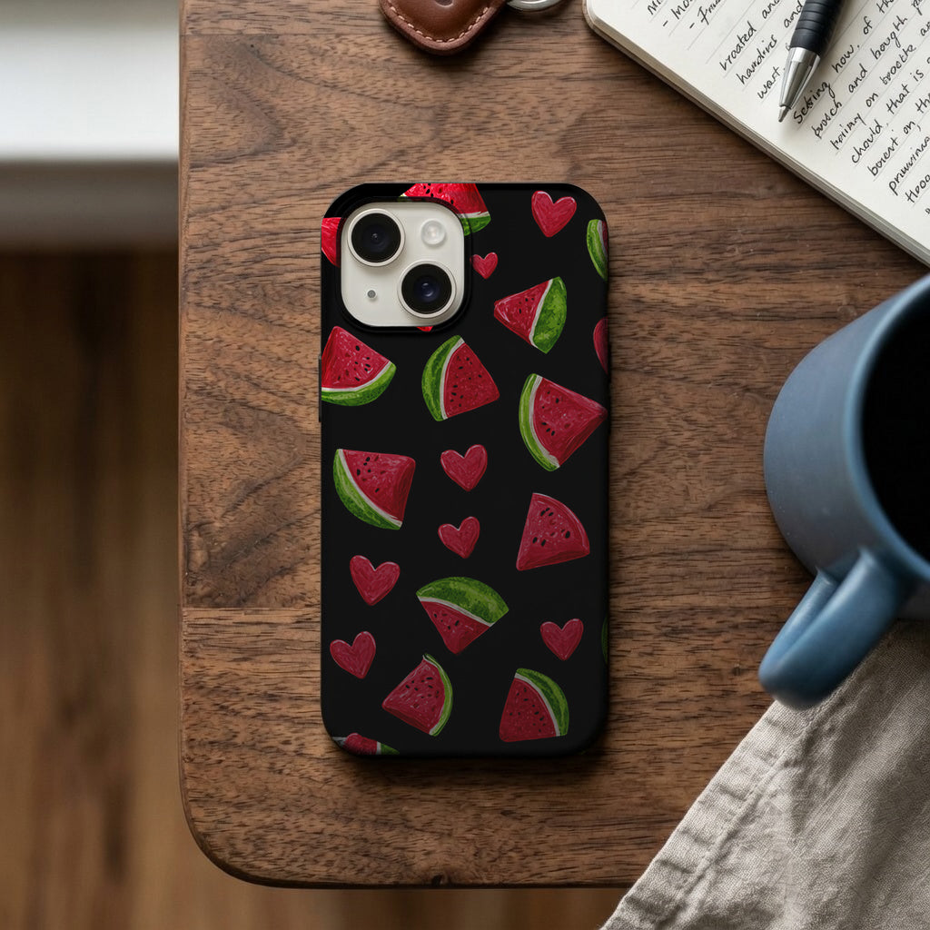 Siyah Zeminde Karpuz ve Kalp Desenli Telefon Kılıfı K1026 mockup 2