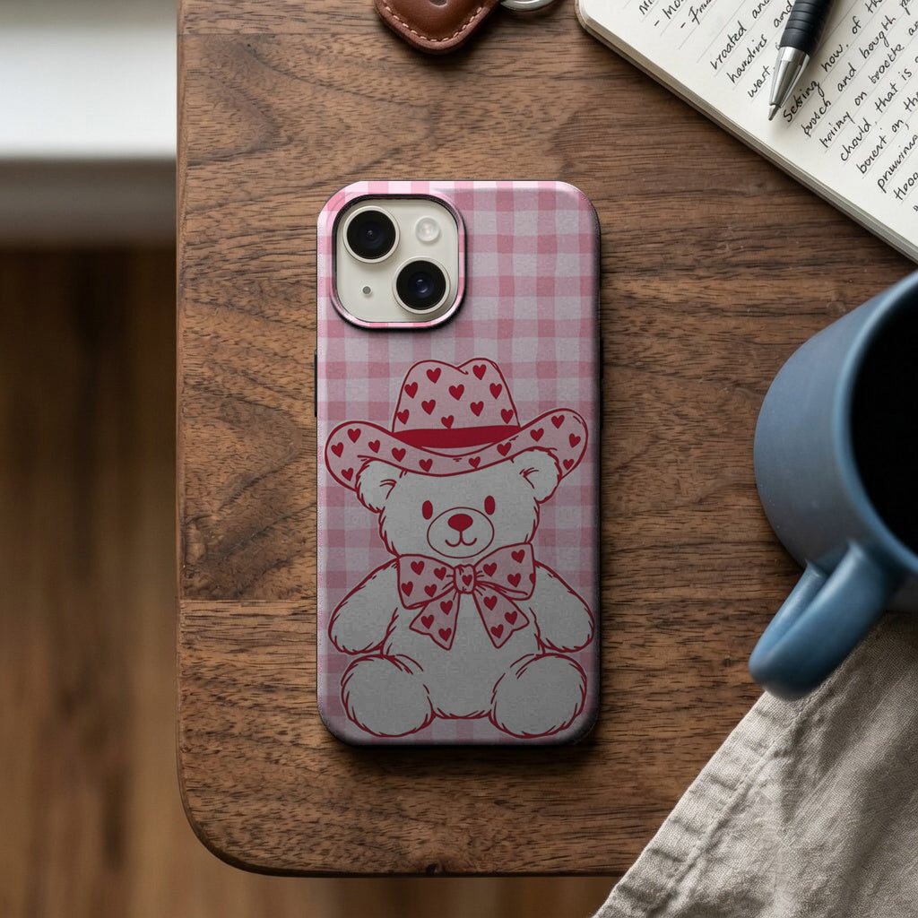 Pembe Ekose Kovboy Ayıcık Telefon Kılıfı K1027 mockup 2