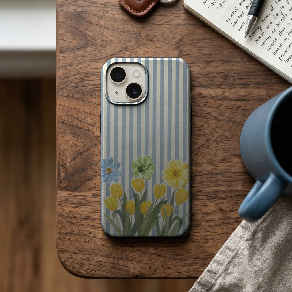 Mavi Çizgili Sarı Çiçek Desenli Telefon Kılıfı K1028 mockup 2