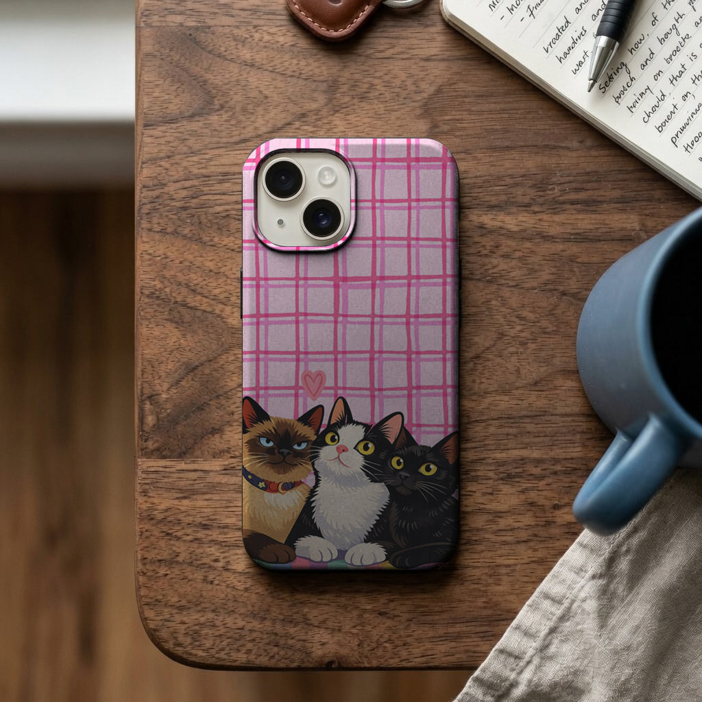 Pembe Ekose Üç Kedi Telefon Kılıfı K1045 mockup 2