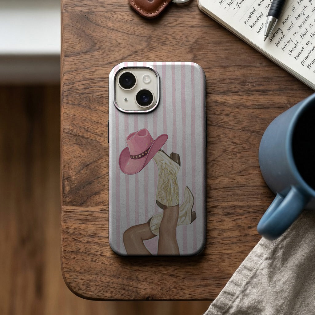 Pembe Çizgili Kovboy Şapkalı Kadın Telefon Kılıfı K1049 mockup 2
