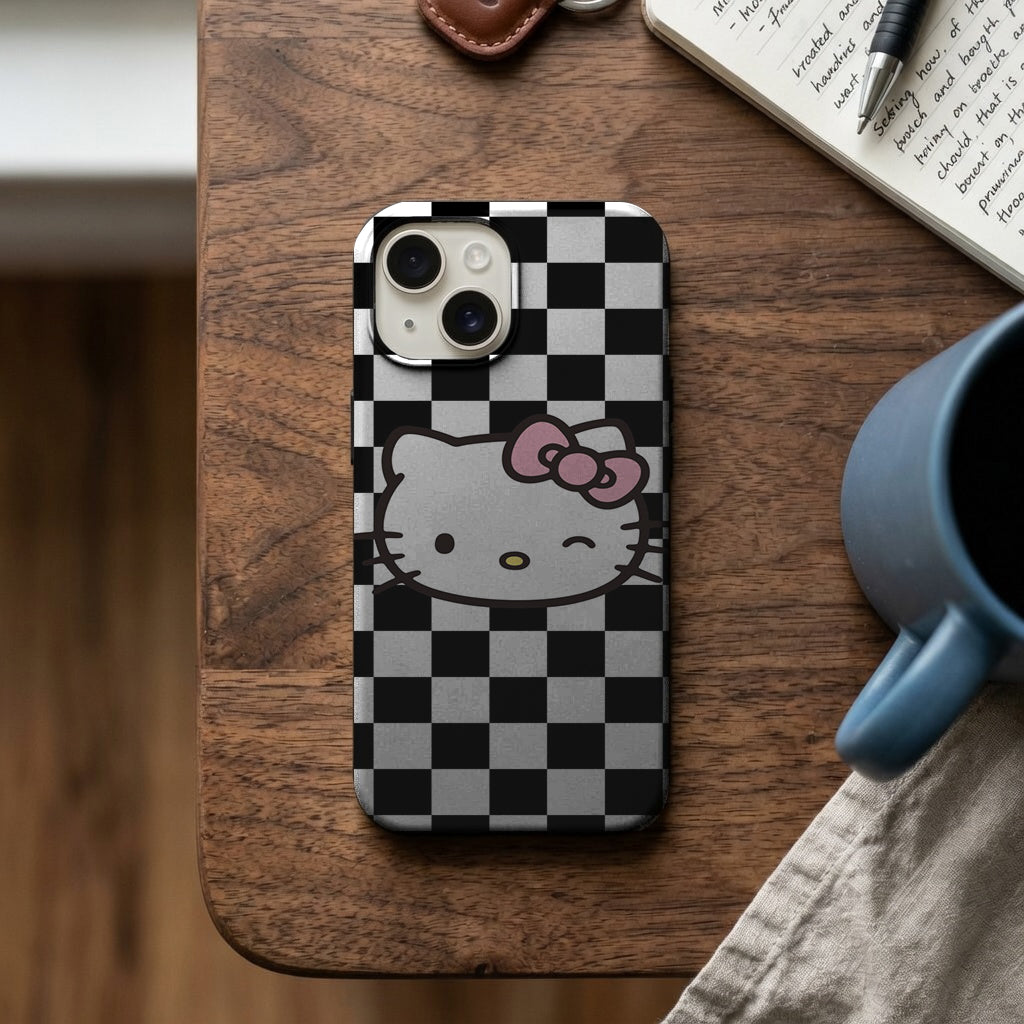 Siyah Beyaz Dama Kedi Figürlü Telefon Kılıfı K1052 mockup 2