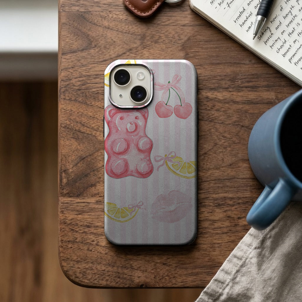 Pembe Jelibon Ayı ve Kiraz Desenli Telefon Kılıfı K1060 mockup 2