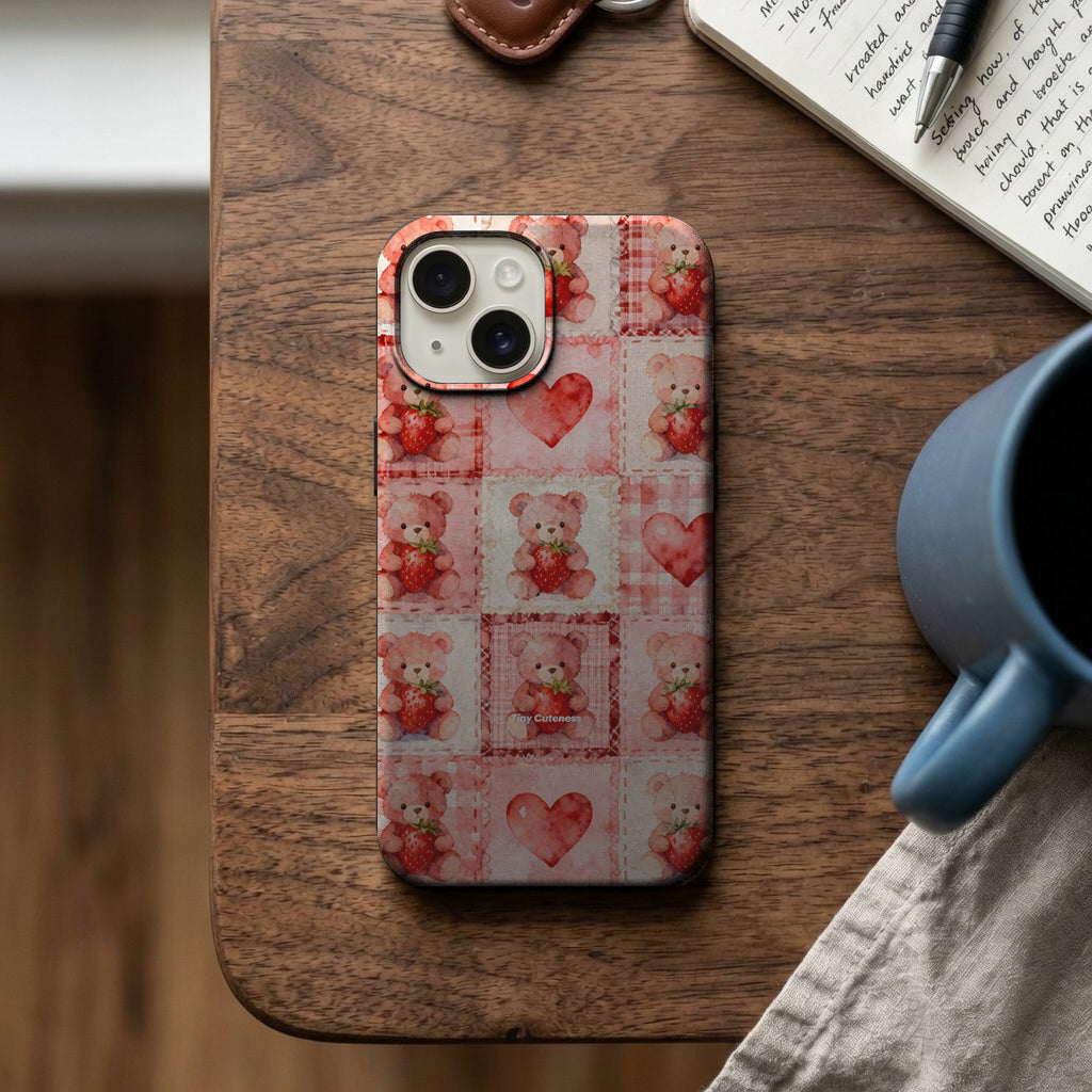 Pembe Ayıcık ve Çilek Desenli Telefon Kılıfı K228