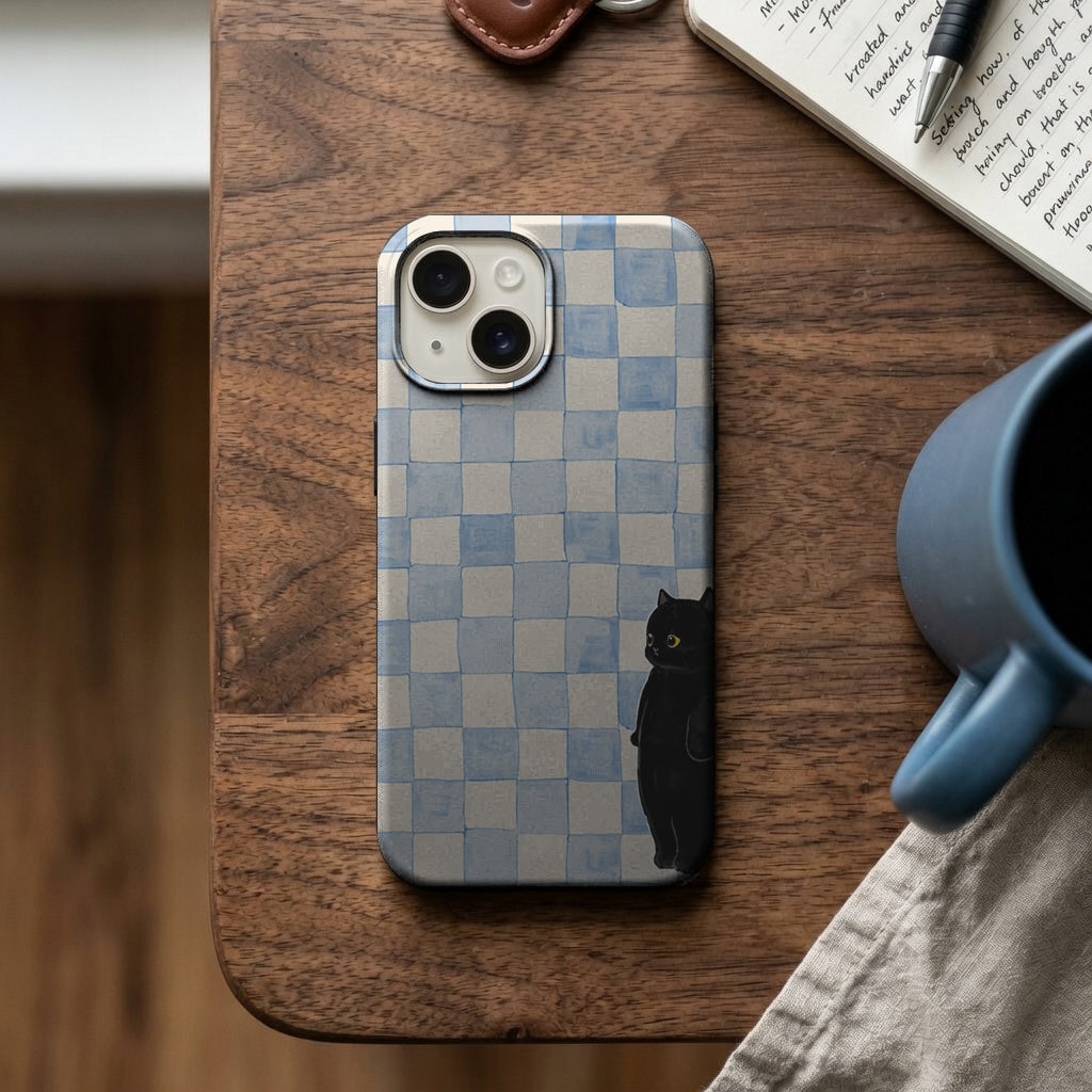 Mavi Kareli Siyah Kedi Telefon Kılıfı K707 mockup 2