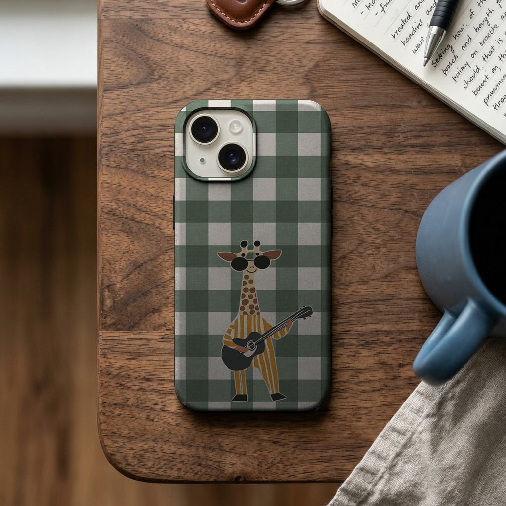 Yeşil Ekose Gitar Çalan Zürafa Telefon Kılıfı K713 mockup 2