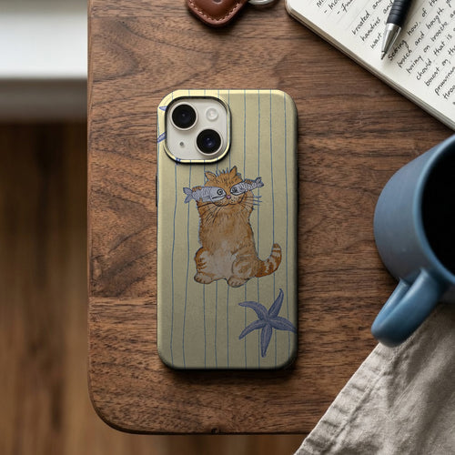 Çizgili Zeminde Balık Tutan Kedi Telefon Kılıfı K738 mockup 2