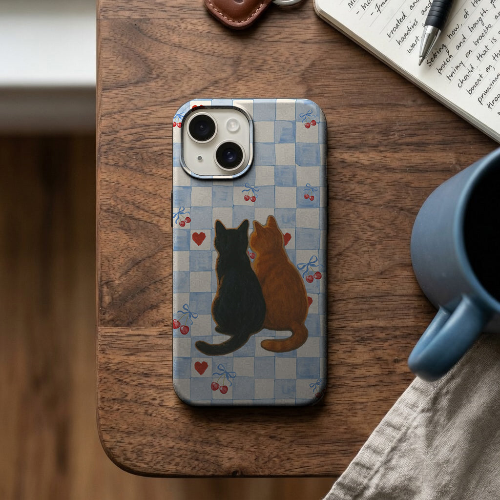 Mavi Ekose Kirazlı İki Kedi Telefon Kılıfı K741 mockup 2