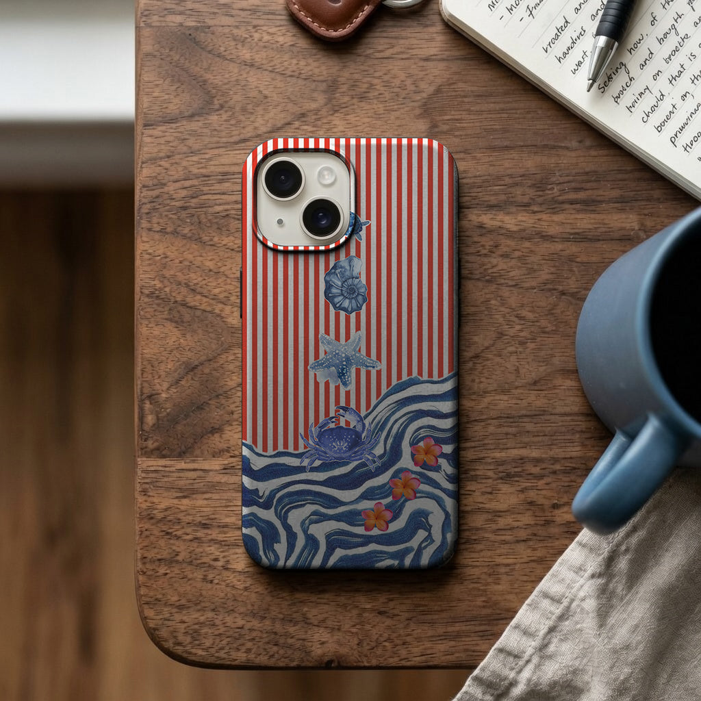 Kırmızı Çizgili Deniz Kabuğu ve Dalga Telefon Kılıfı K762 mockup 2