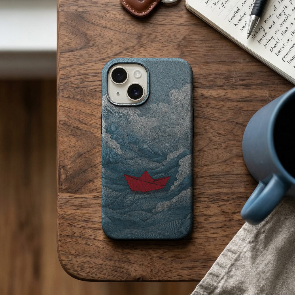 Mavi Dalgalarda Kırmızı Kağıt Gemi Telefon Kılıfı K865 mockup 2