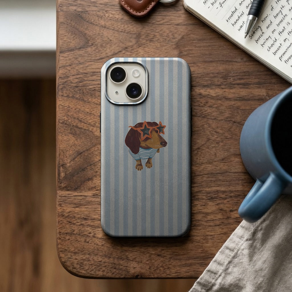 Mavi Çizgili Yıldız Gözlüklü Köpek Telefon Kılıfı K880 mockup 2