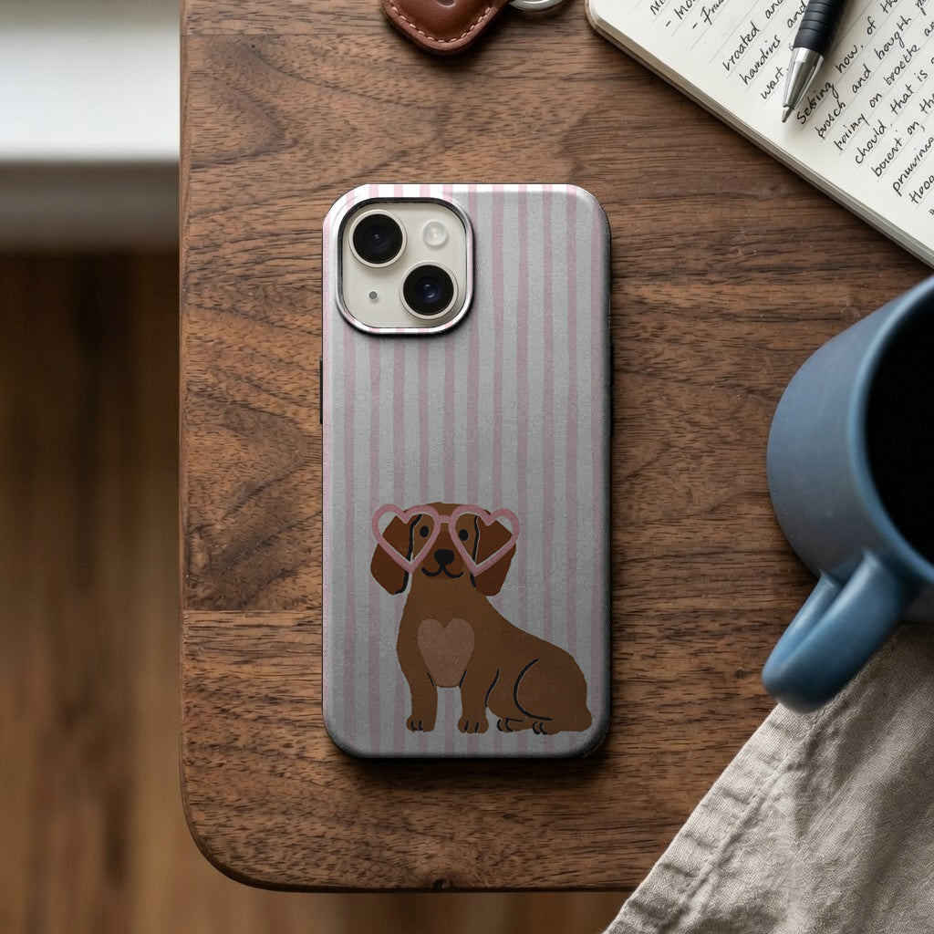 Pembe Çizgili Kalp Gözlüklü Köpek Telefon Kılıfı K903 mockup 2