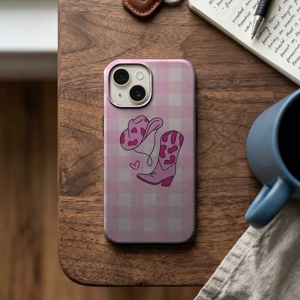 Pembe Ekose Kalpli Bot Desenli Telefon Kılıfı K921 mockup 2
