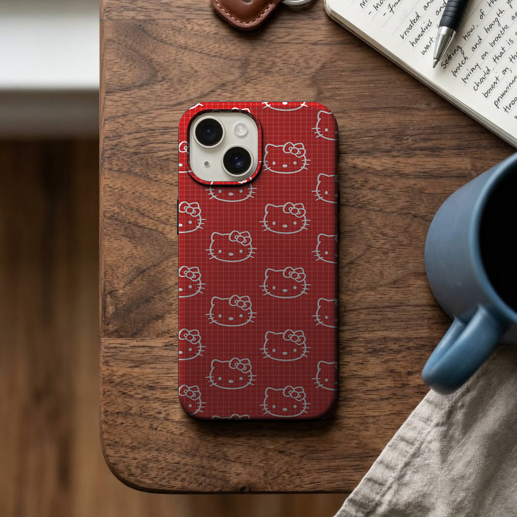Kırmızı Ekose Kedi Yüzü Desenli Telefon Kılıfı K978 mockup 2