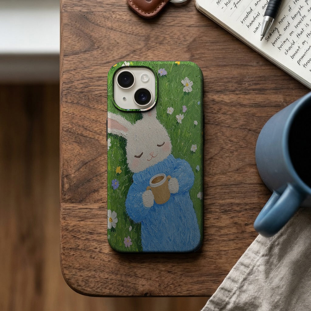 Kahve Tutan Mavi Kazaklı Tavşan Telefon Kılıfı K1167 mockup 2