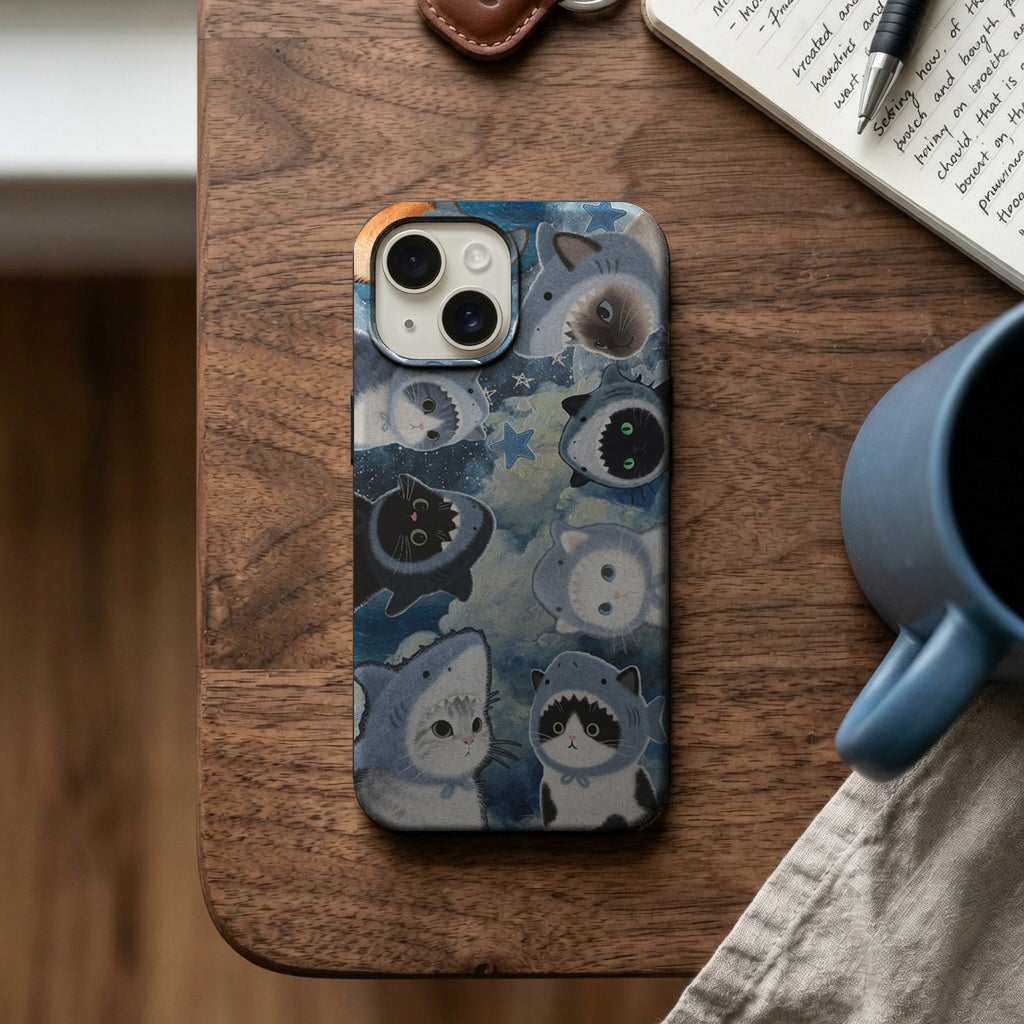 Köpekbalığı Kostümlü Kediler Kolajı Telefon Kılıfı K1132 mockup 2