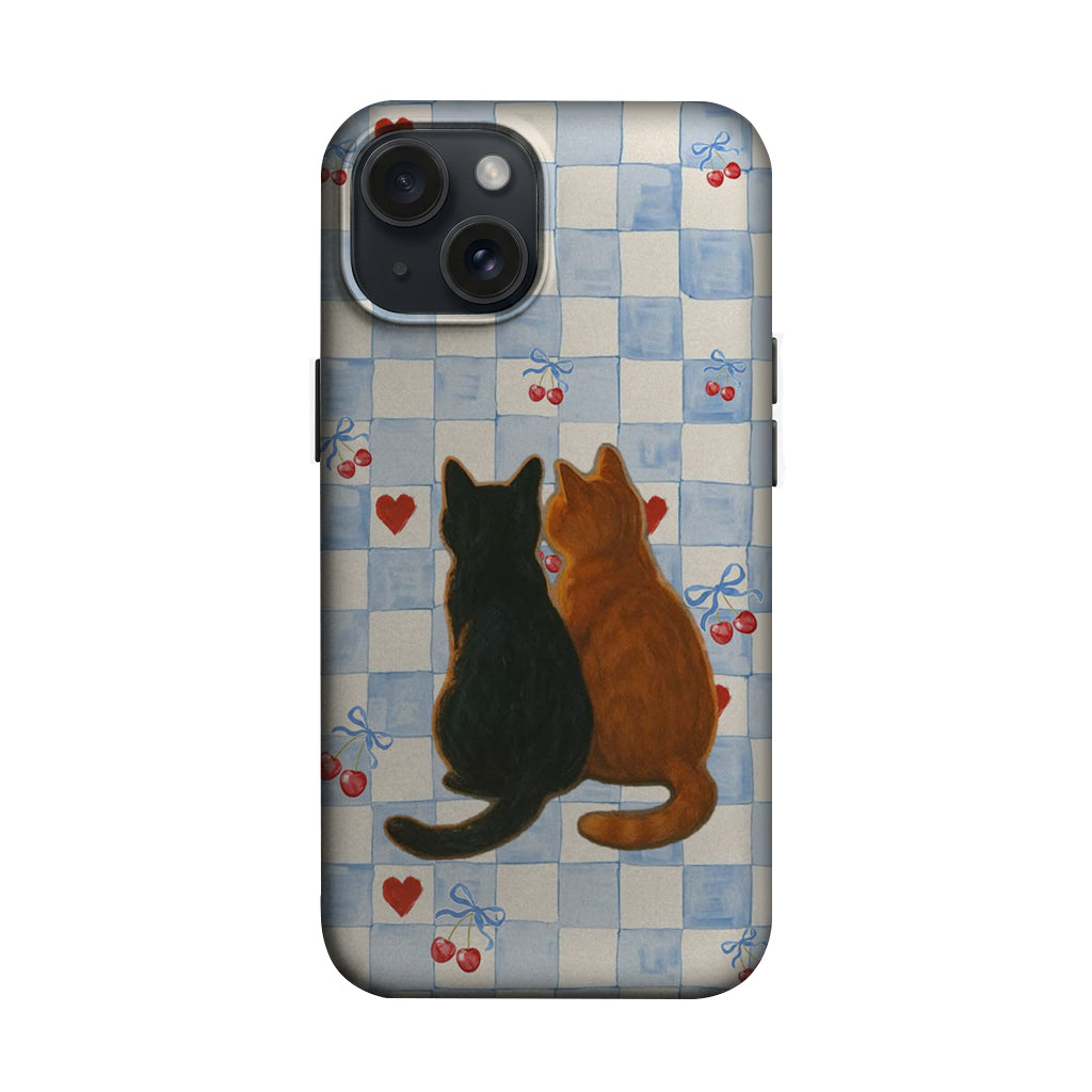 Mavi Ekose Kirazlı İki Kedi Telefon Kılıfı K741 mockup 1