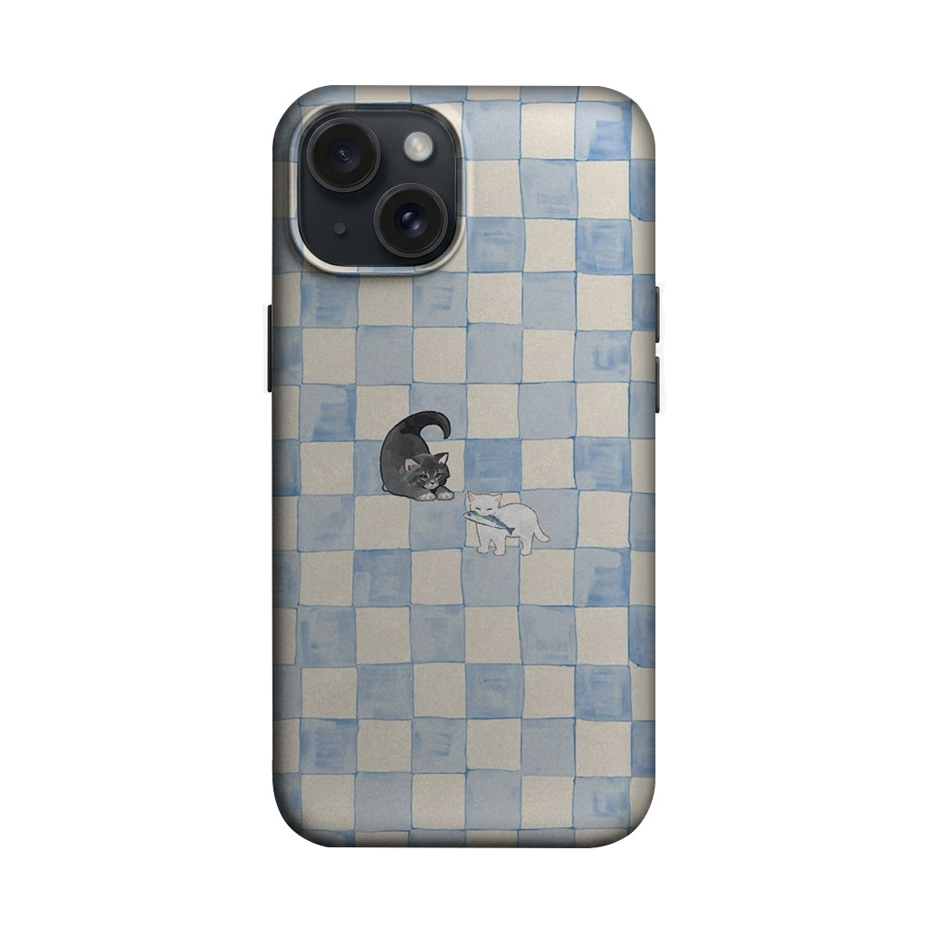 Mavi Kareli Siyah Beyaz Kediler Desenli Telefon Kılıfı K1090 mockup 1