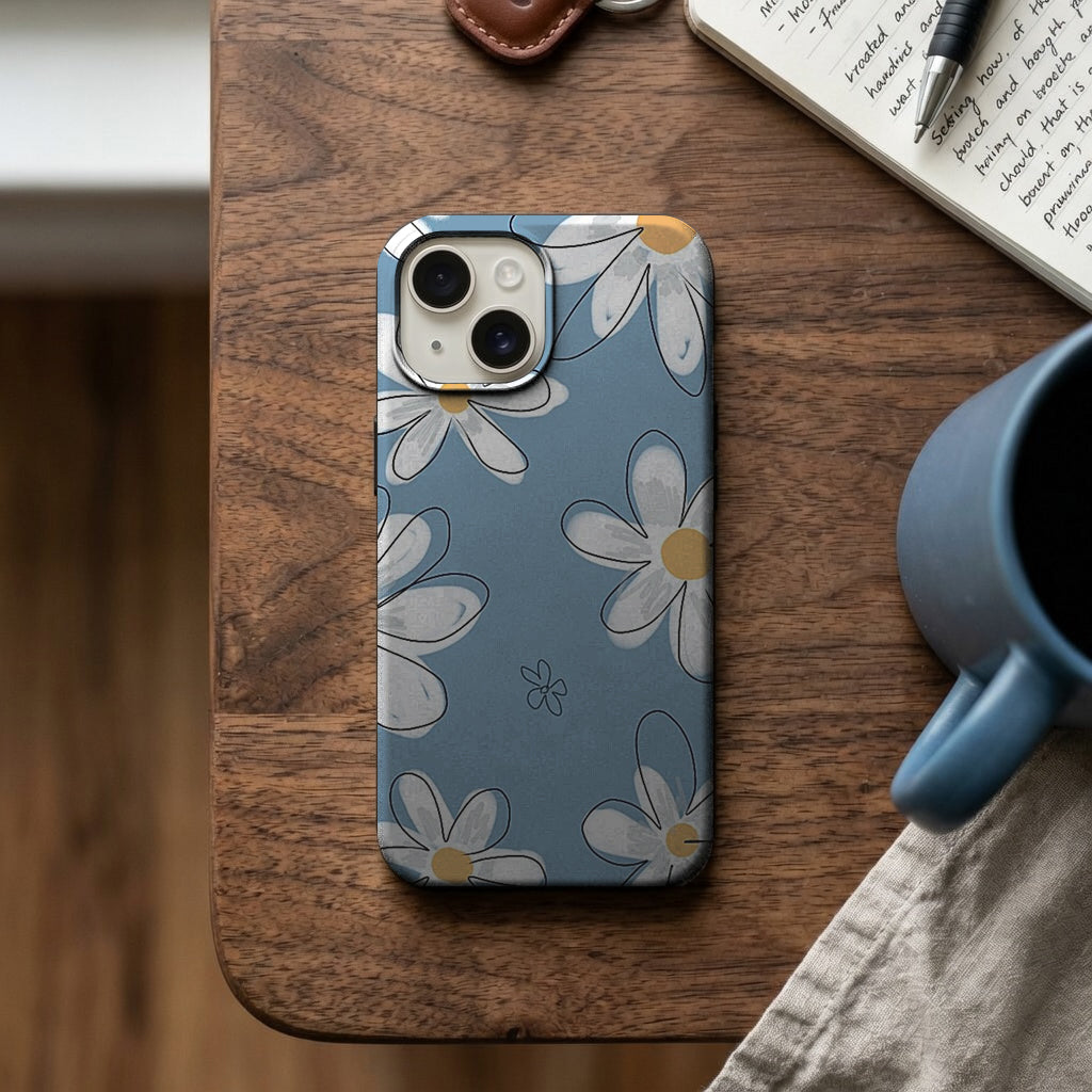 Mavi Zemin Papatya Çiçekleri Desenli Telefon Kılıfı K1157 mockup 2