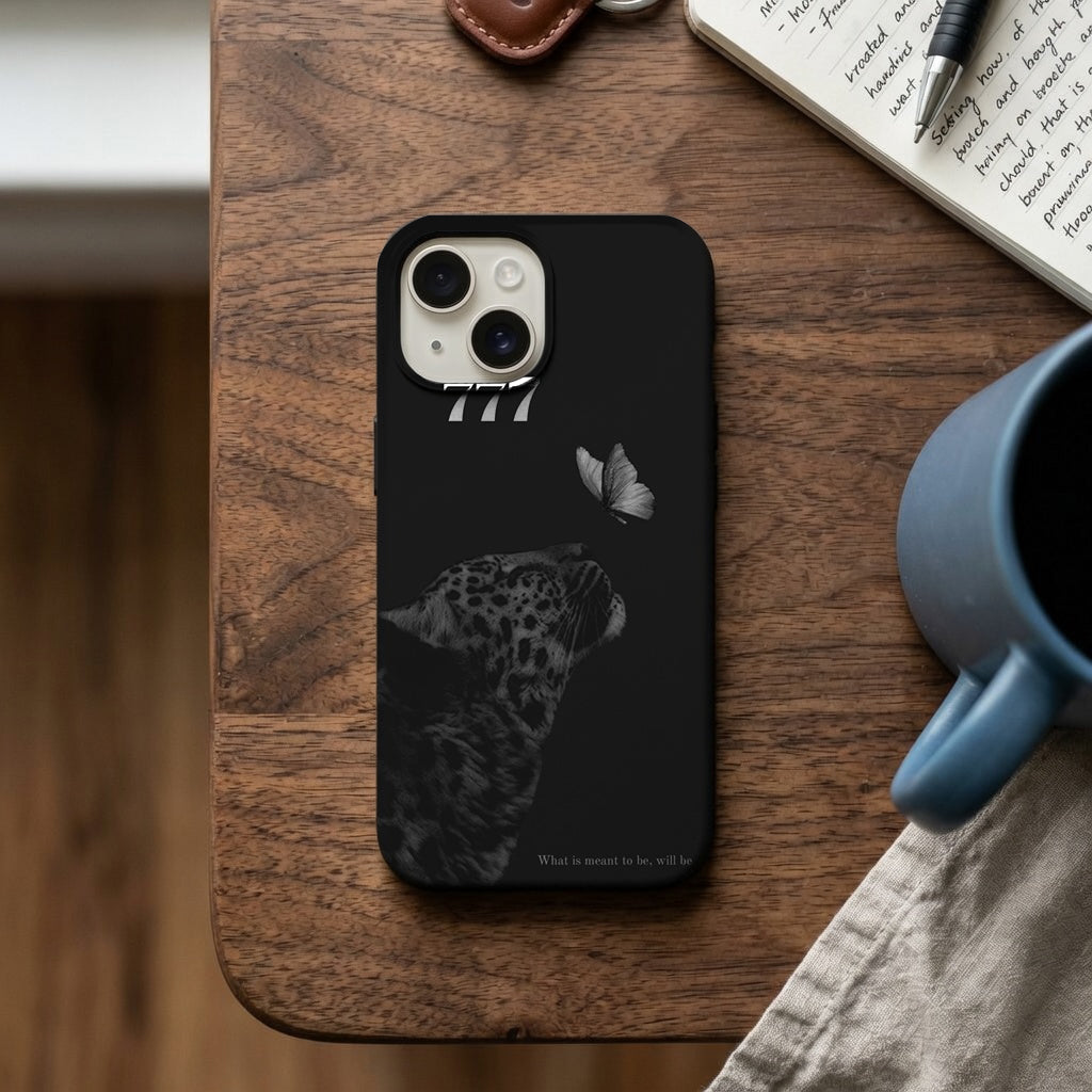 Siyah Zemin 777 Leopar ve Kelebek Motifli Telefon Kılıfı K1092 mockup 2