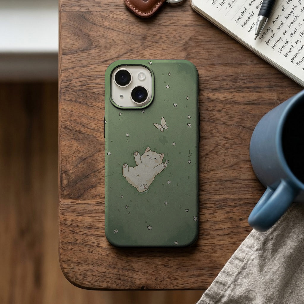 Yeşil Zemin Yatan Sevimli Kedi ve Kelebek Telefon Kılıfı K1138 mockup 2