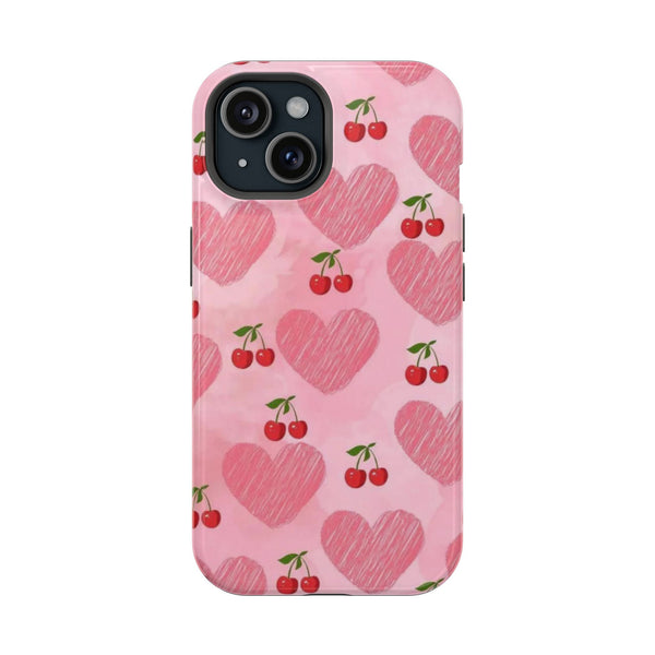 Pembe Kalp ve Kiraz Desenli Telefon Kılıfı K061
