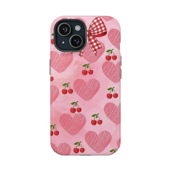 Pembe Kalp Kiraz ve Ekose Fiyonklu Telefon Kılıfı K058