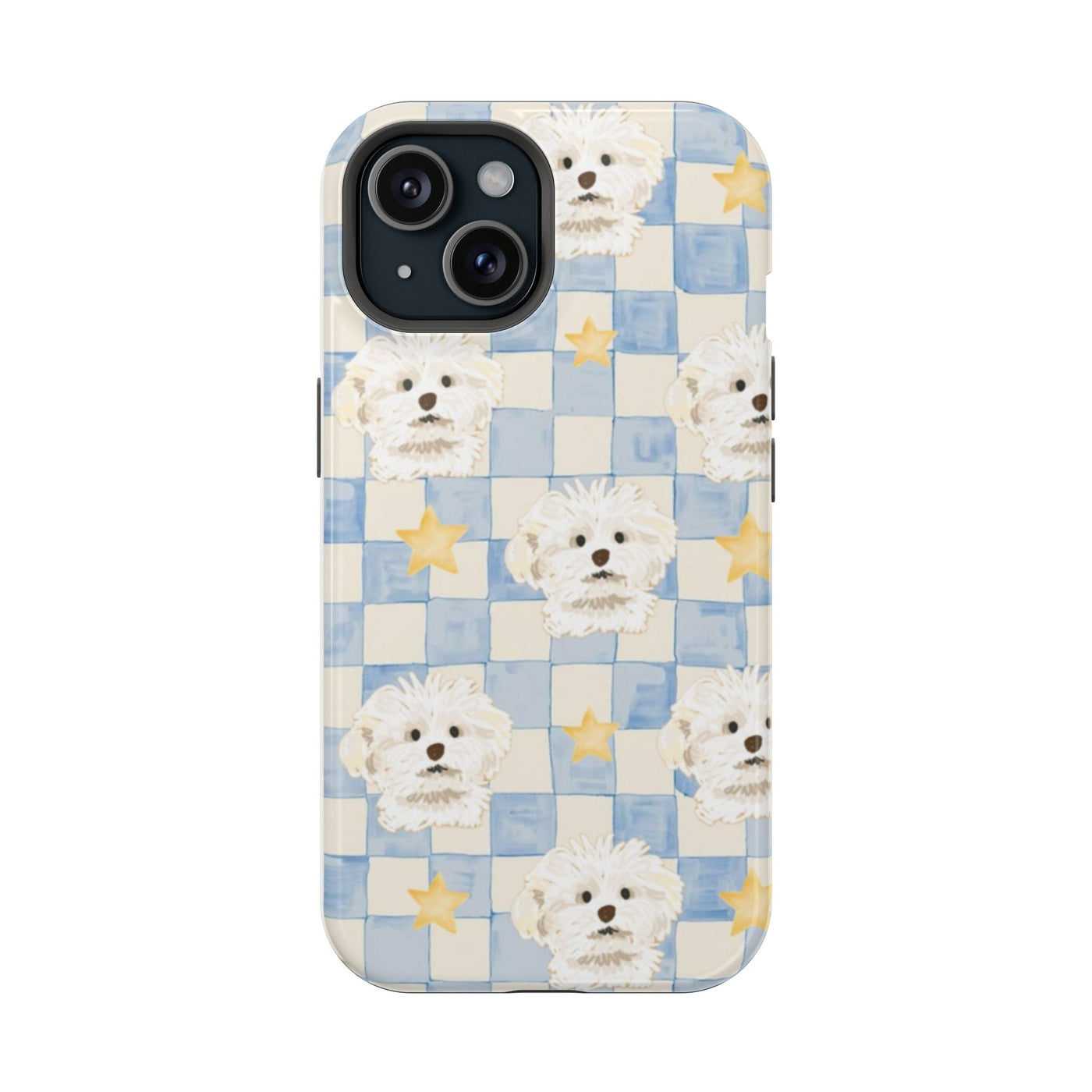 Mavi Kareli Yıldızlı Beyaz Köpek Telefon Kılıfı K098